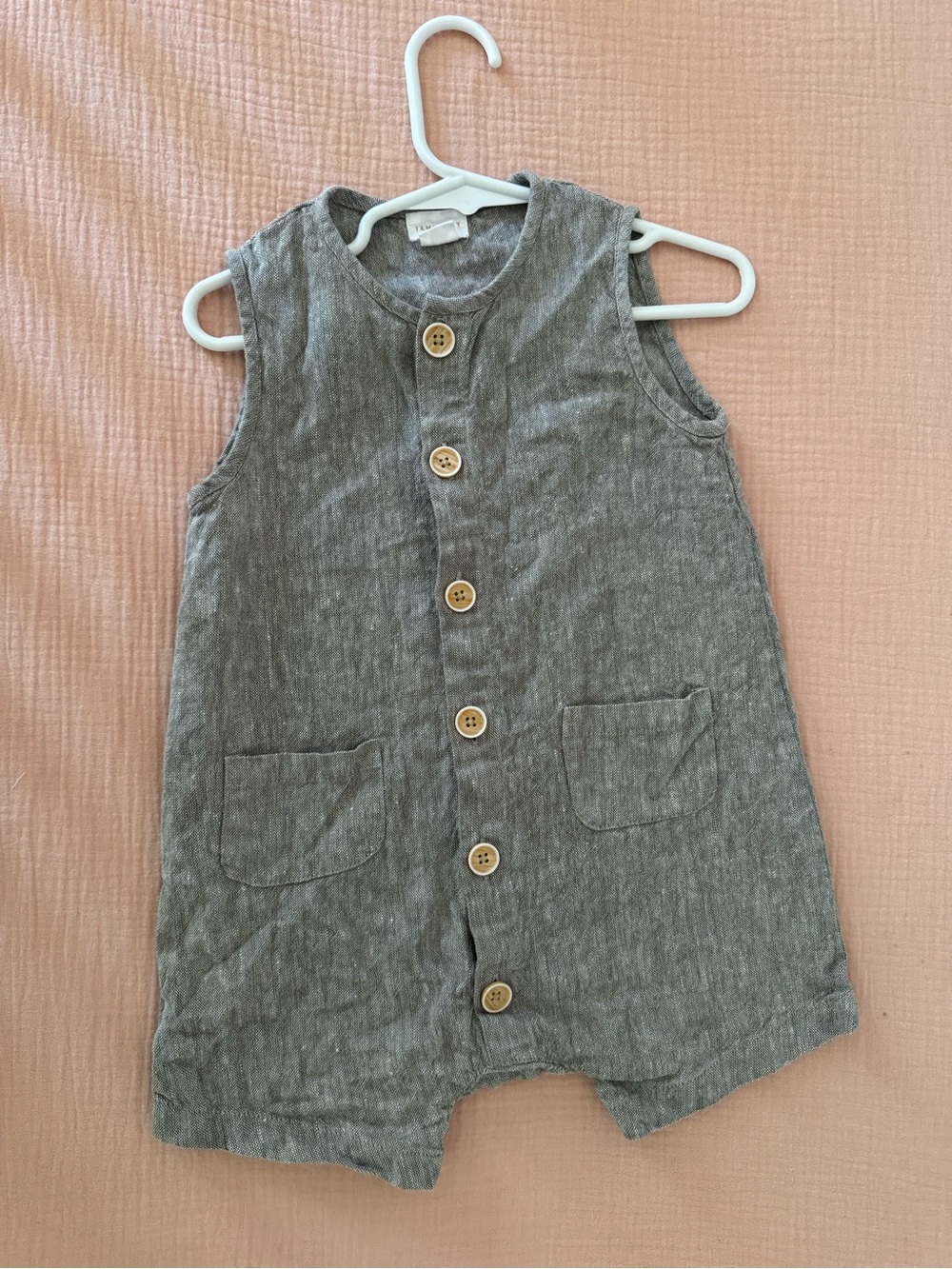 Jamie Kay Gray Linen-Style Sleeveless Romper with Wood Buttons
